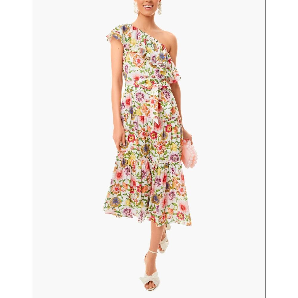 BORGO DE NOR Tuckernuck Petra One Shoulder Ruffle Midi Linen Floral Dress Small